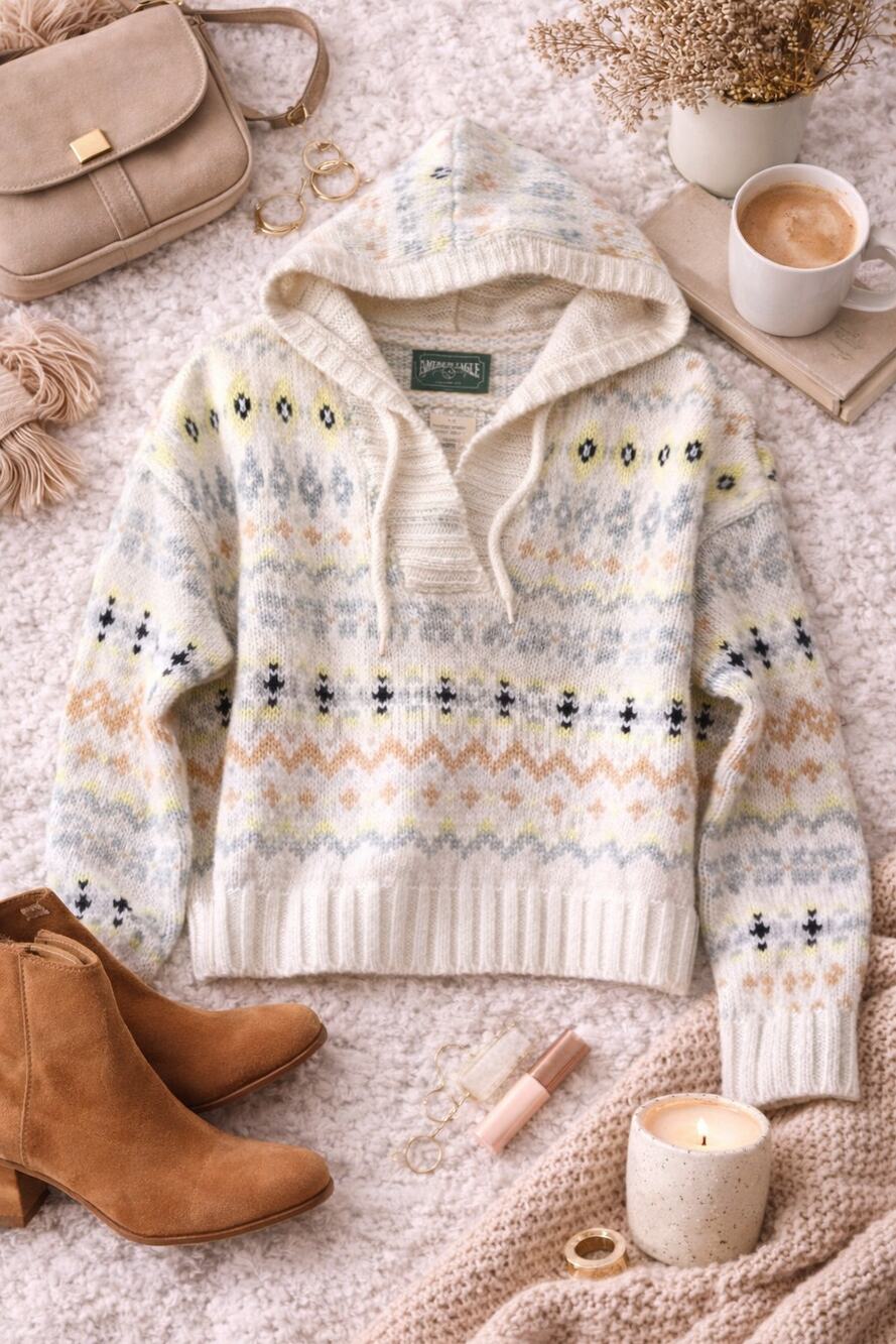 NWT American Eagle Women's Soft & Cozy Fair Isle Sweater Hoodie Multicolor SZ XS